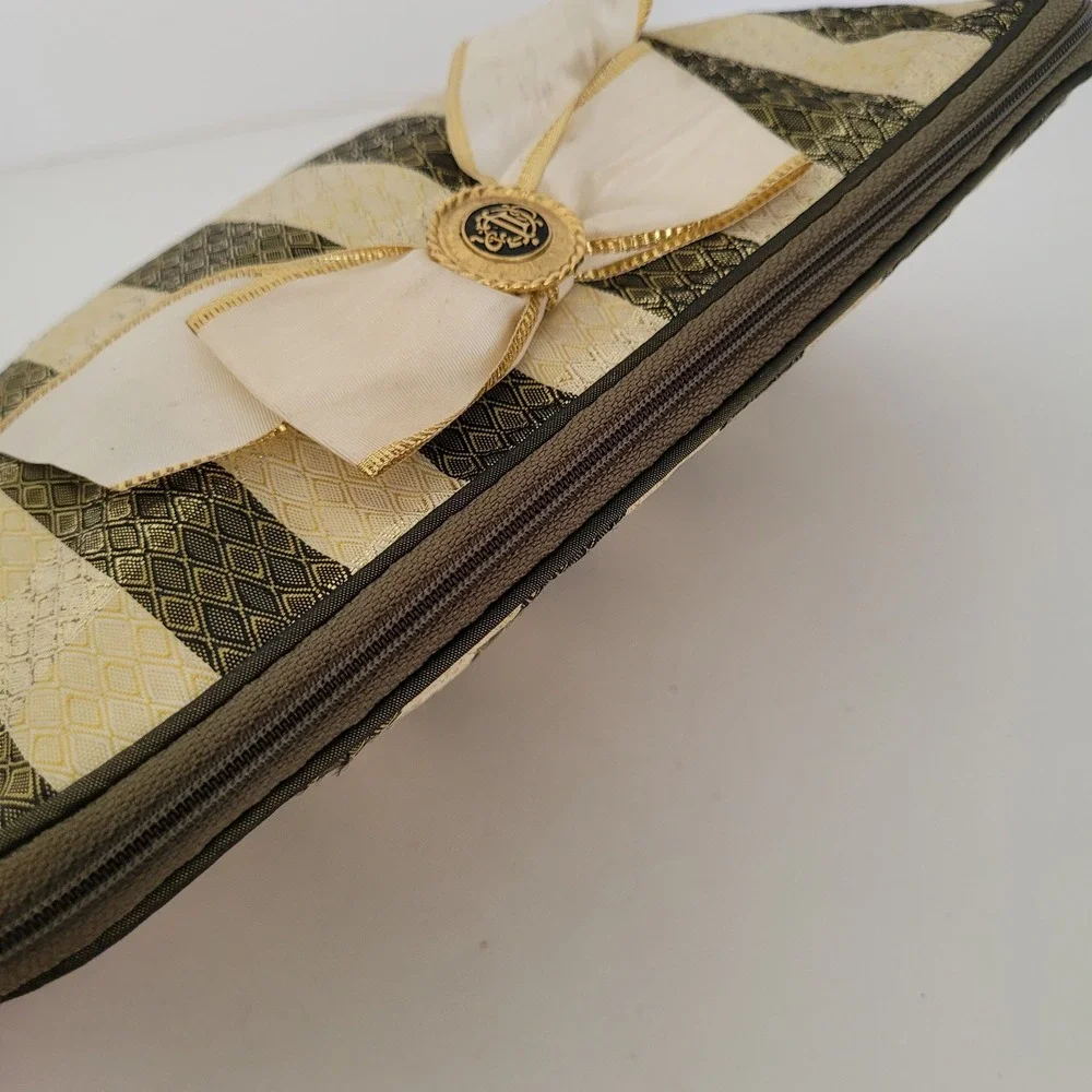 Christian Dior Vintage Cosmetic Bag Striped Brocade Gold Green Bow Logo‎ Pouch